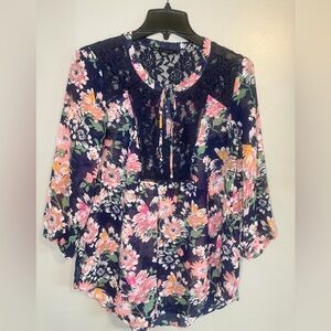 Zac & Rachel Navy Floral Lace Peasant Boho Blouse size medium